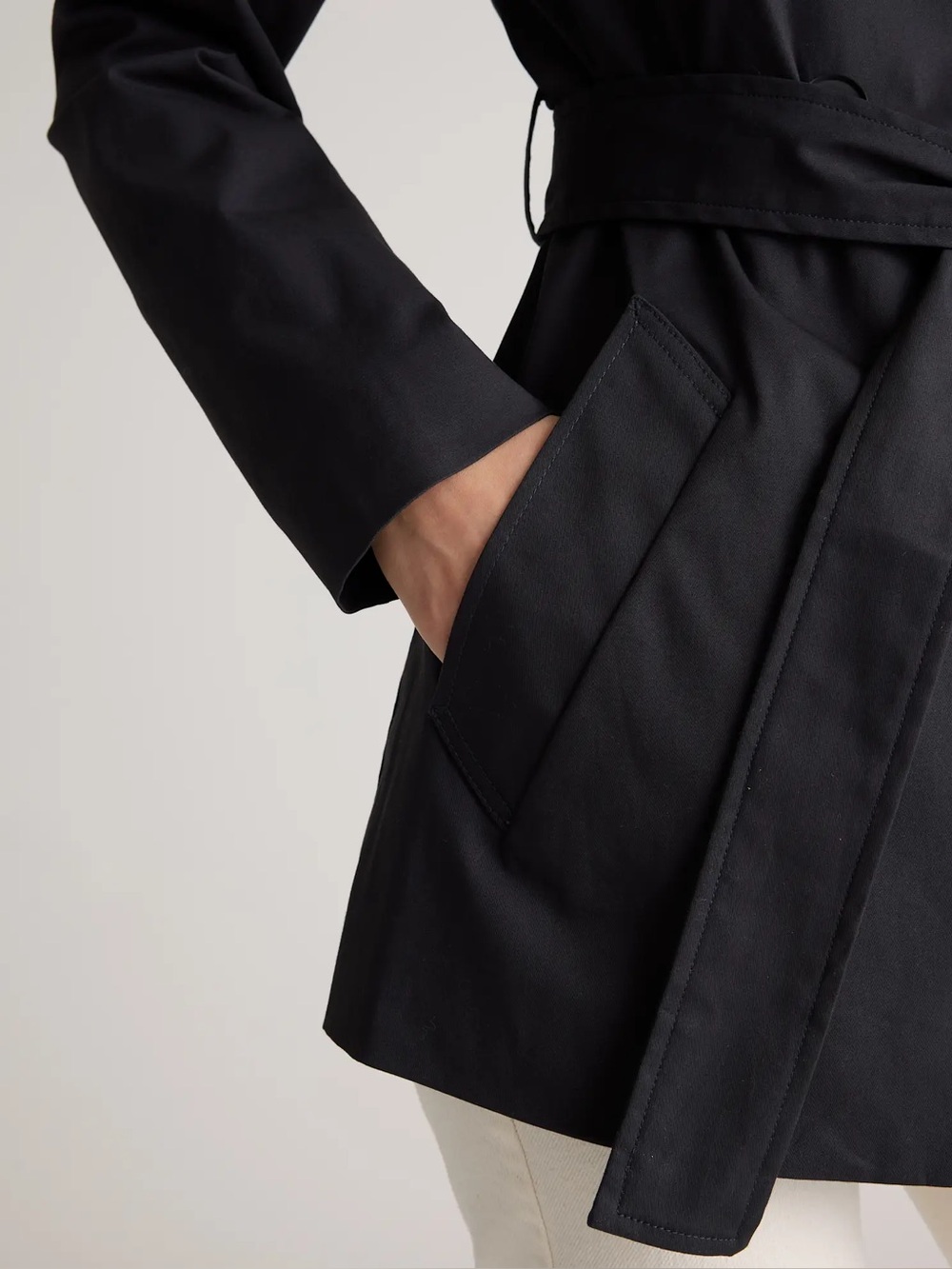 NWT Quince Comfort Stretch Short Trench Coat Black Small Belted - Picture 4 of 16